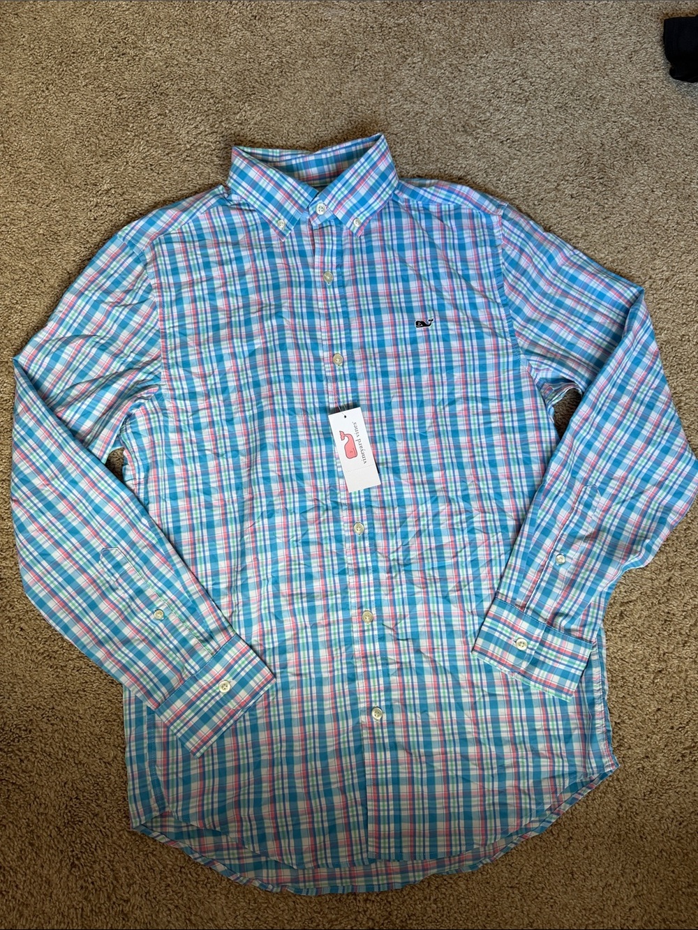 Vineyard Vines Men’s Plaid Button-Down Shirt — Blue & Pink